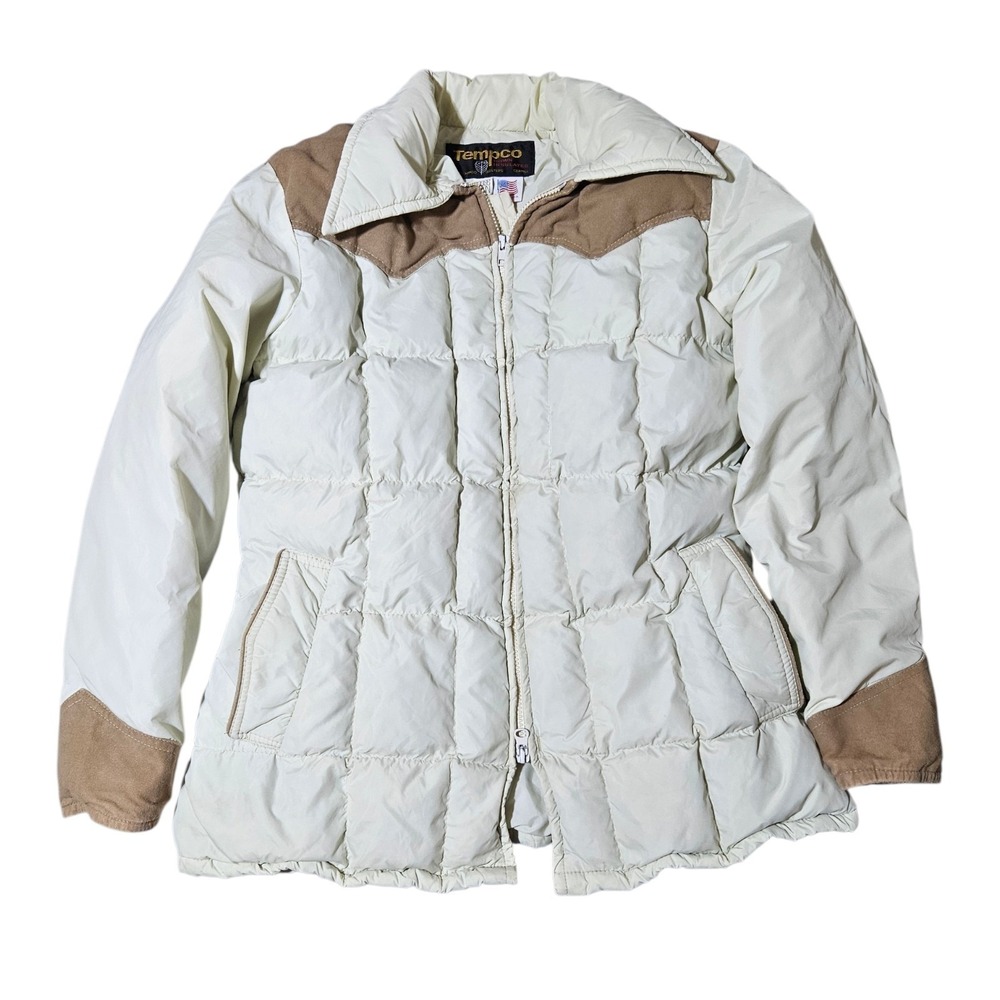 VTG Tempco Western Goose Down Puffer Jacke Leather Yoke Womens 16 L USA Made 70s